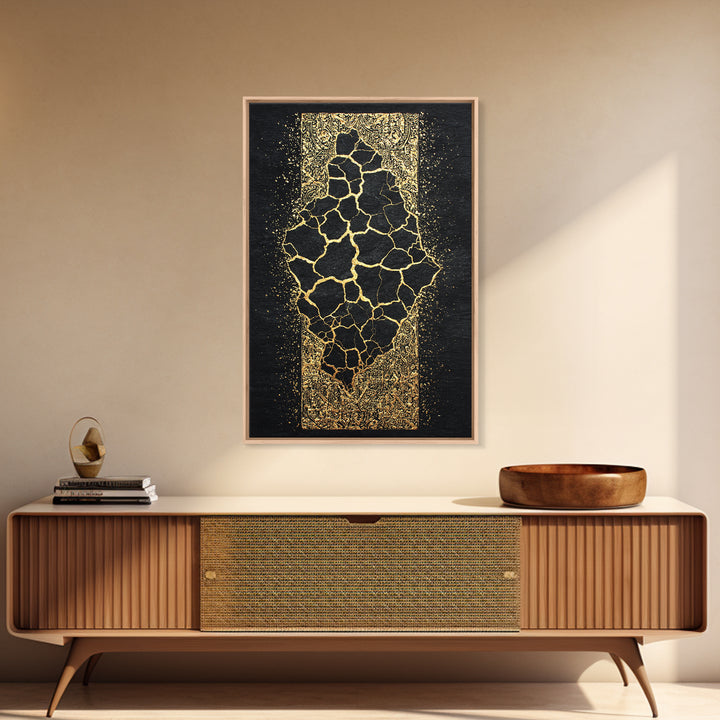 Cracked Gold African Map On Black Canvas Print, Abstract African Art, Black And Gold Art, Cultural Wall Decor Gift For Home