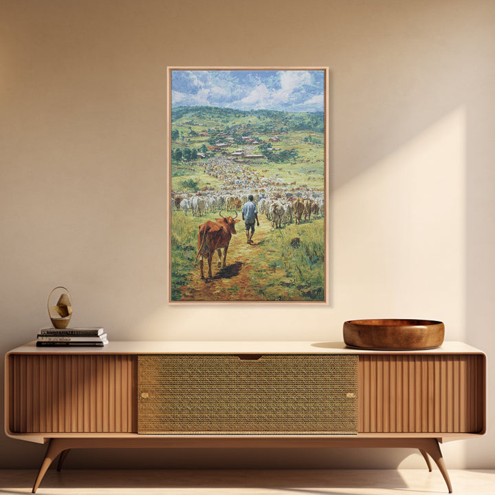 Pastoral Cattle Drive To Village Landscape Wall Art, African Landscape, Safari Decor, Farmhouse Home Decor Gift For Living Room