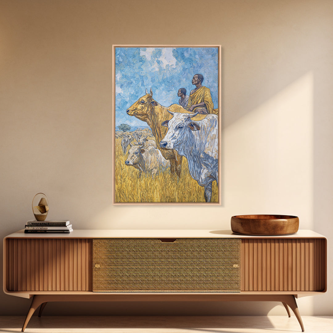 Pastoral African Cattle Herders In Golden Grass Wall Art, Afrocentric Safari Decor, African Landscape Print, Cultural Home Decor