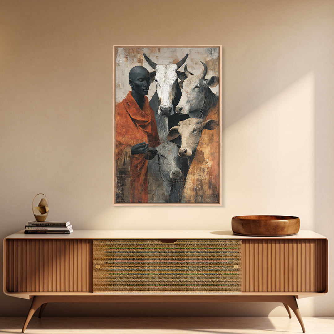 Maasai Herder With White Cattle Framed Canvas Print, African Portrait Wall Decor, Rustic Safari Art, Afrocentric Home Decor