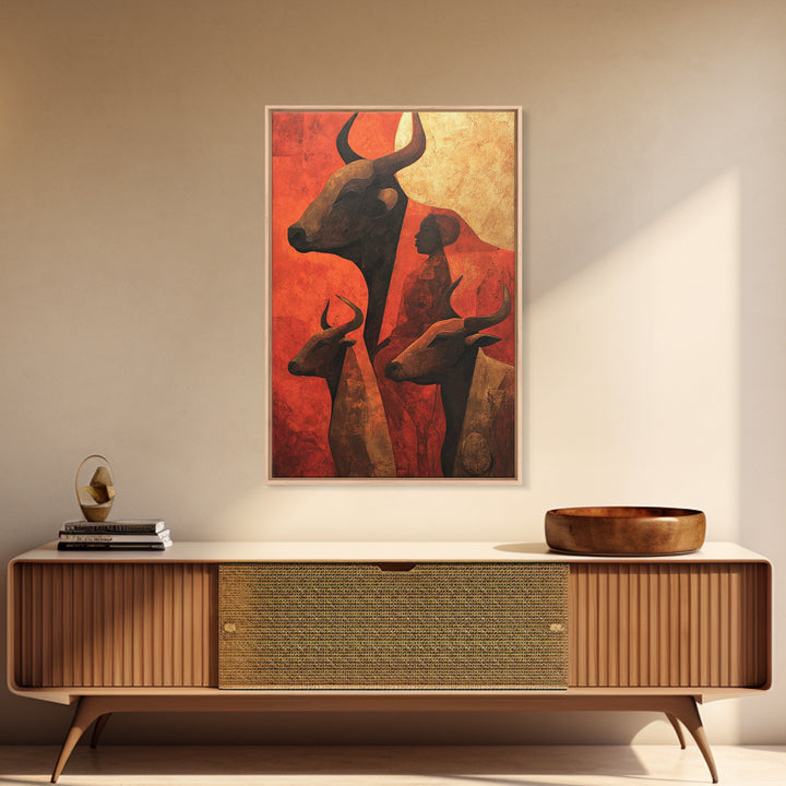 Ochre African Woman With Longhorn Cattle Canvas Print, Tribal Wall Decor, Modern African Art, Burnt Orange Safari Home Decor