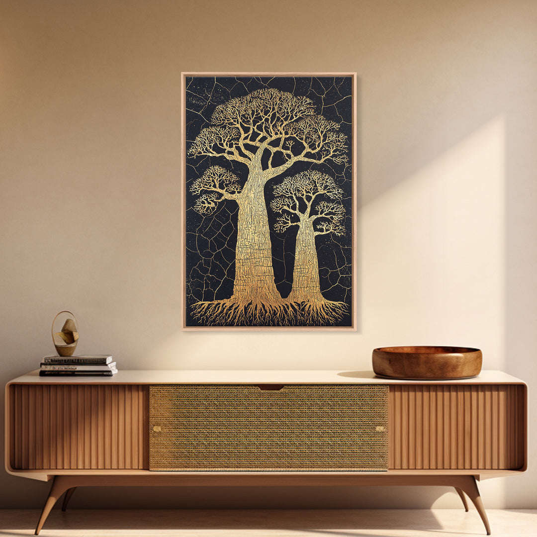 Golden Baobab Trees On Black Cracked Ground Wall Art, African Landscape Print, Botanical Safari Decor, Earth Tone Home Decor