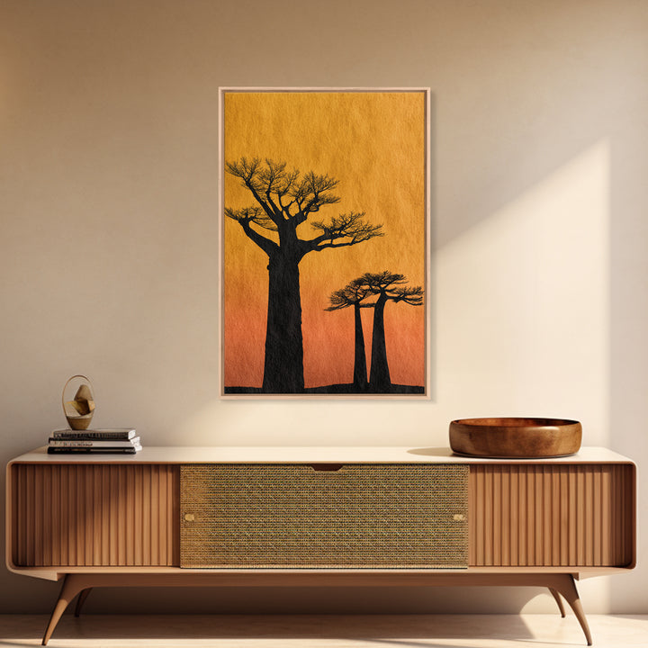 Black Baobab Silhouettes At Orange Sunset Canvas Print, African Tree Wall Decor, Minimalist Safari Art, Warm Boho Home Decor