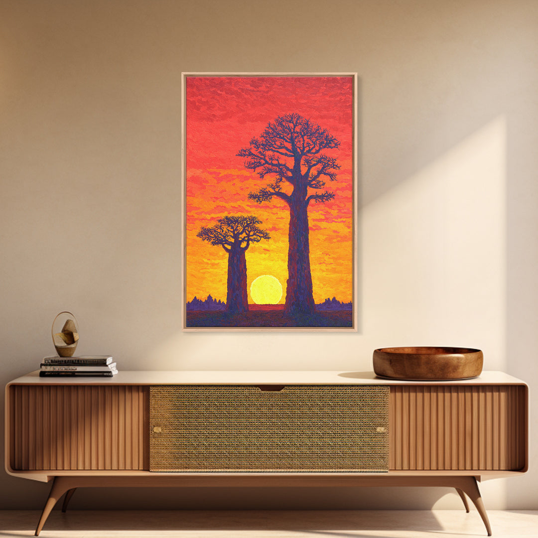 Vivid Baobab Sunset With Glowing Sun Wall Art, African Landscape Print, Colorful Safari Decor, Large Living Room Canvas Print