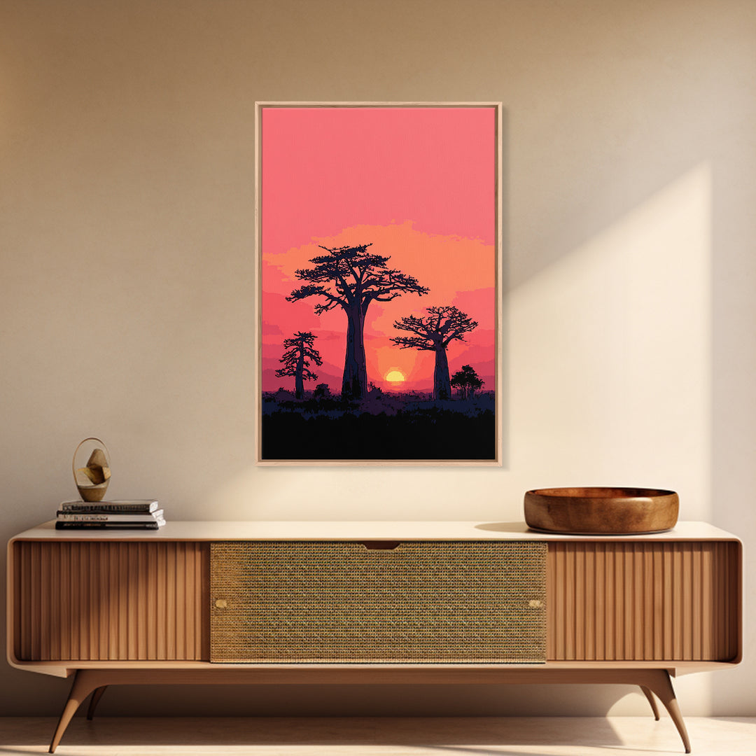 Pink Sunset Baobab Grove Silhouette Canvas Print, Madagascar Wall Art Decor, African Landscape Poster, Modern Safari Home Decor