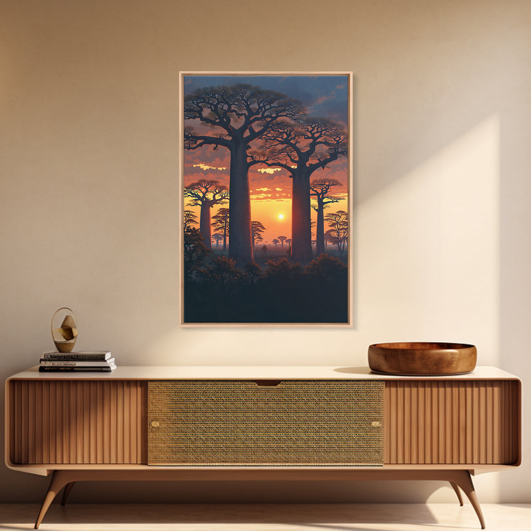 Dramatic Baobab Forest At Dusk Framed Canvas Print, African Safari Wall Decor, Serengeti Landscape Art, Nature Scene Decor