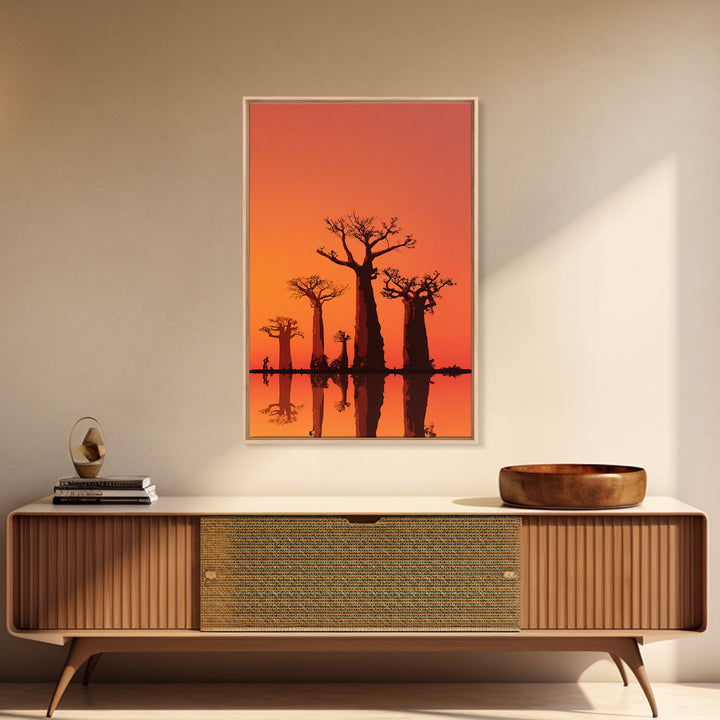 Orange Baobab Reflections At Sunset Wall Art, African Landscape Print, Minimalist Safari Decor, Warm Statement Home Decor