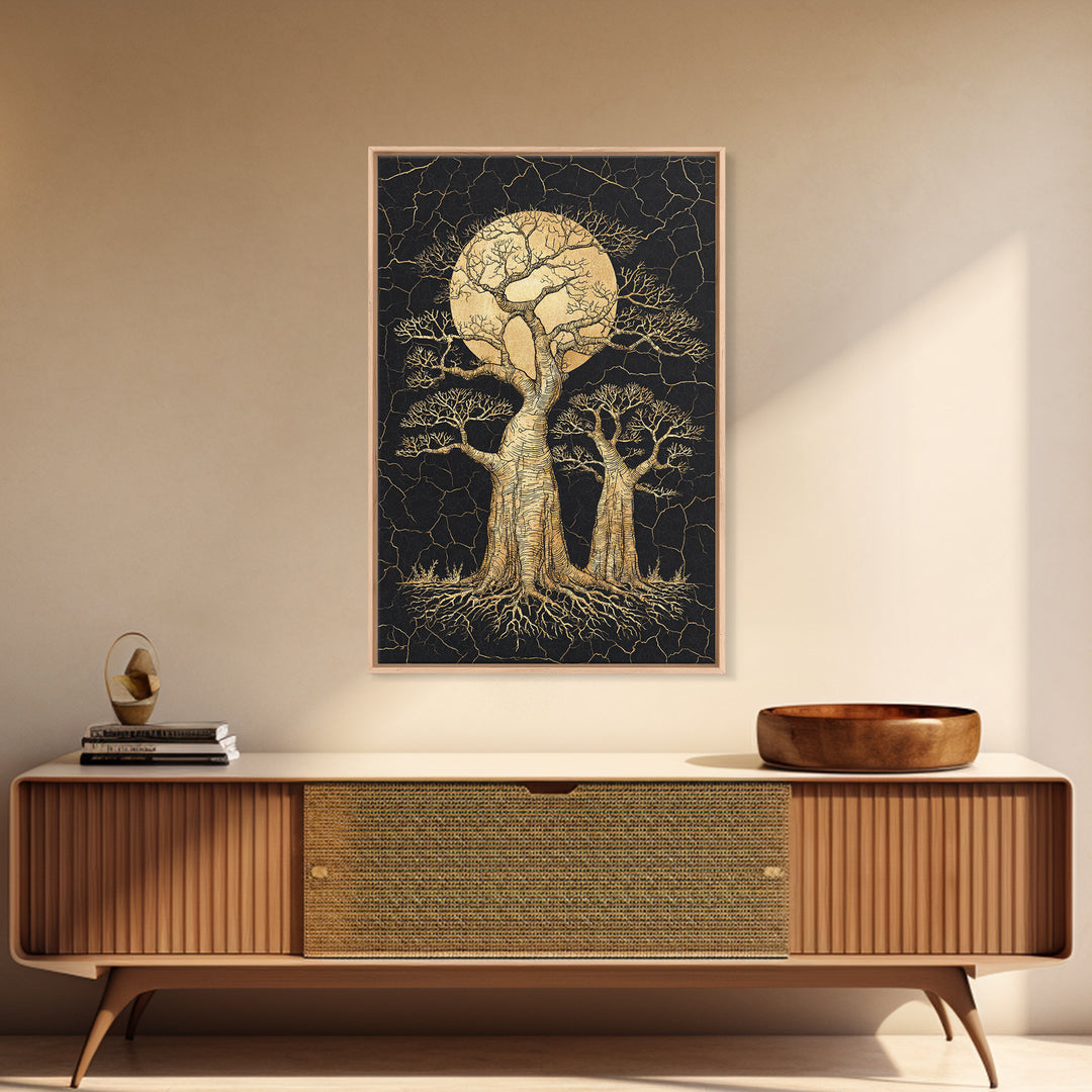 Golden Baobab Moon Tree Wall Art, African Landscape, Black And Gold Decor, Motherland Nature Canvas, Boho Safari Gift, Statement Piece