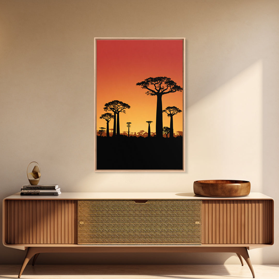 Sunset Baobab Grove Canvas Print, African Safari Landscape, Orange Sky Wall Decor, Madagascar Nature Art, Boho Home Gift