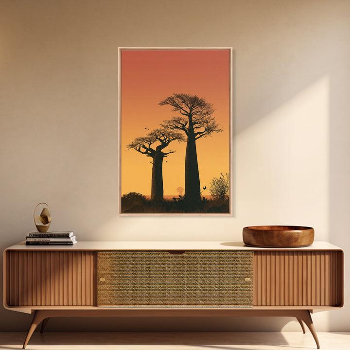 Two Tall Baobab Trees Wall Art, African Sunset Landscape, Madagascar Travel Poster, Orange Safari Decor, Nature Canvas Gift