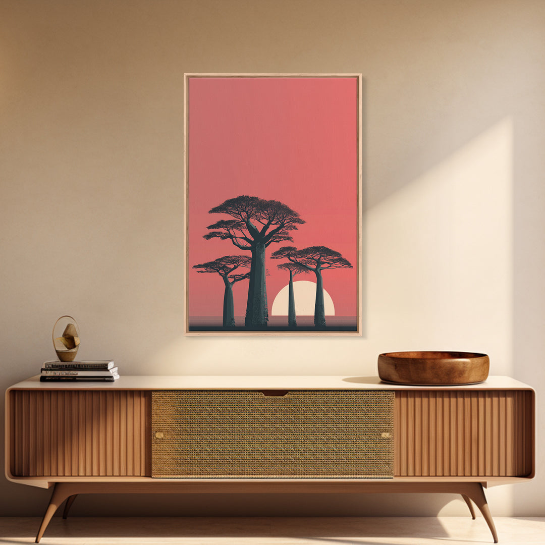 Minimalist Pink Baobab Sunset Canvas Print, African Landscape Wall Decor, Modern Safari Poster, Boho Bedroom Art Gift For Her