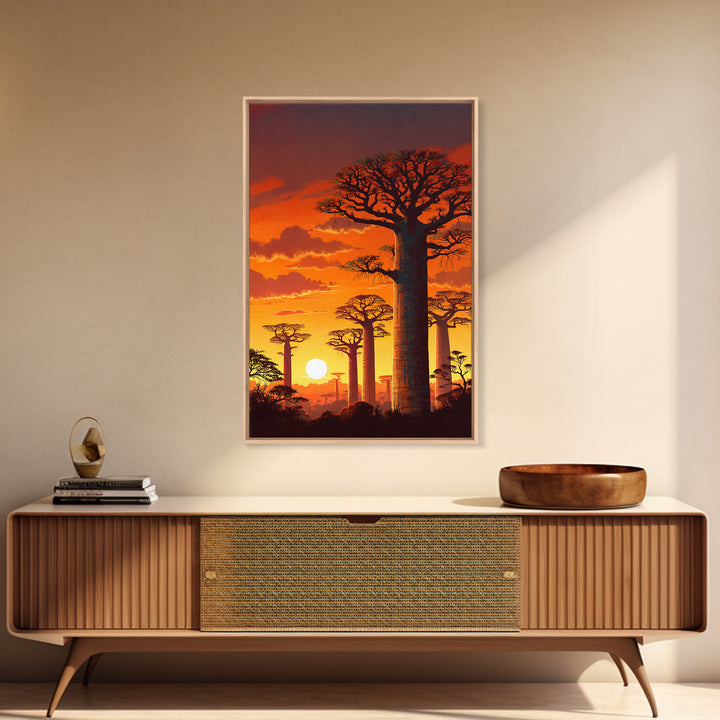Fiery Baobab Forest Sunset Wall Art, African Safari Landscape, Orange Nature Decor, Madagascar Canvas Print, Gift For Him
