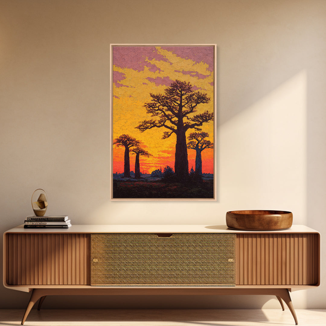 Textured Baobab Sunset Wall Art, African Landscape Painting, Orange Impasto Canvas Print, Safari Decor, Unique Home Gift