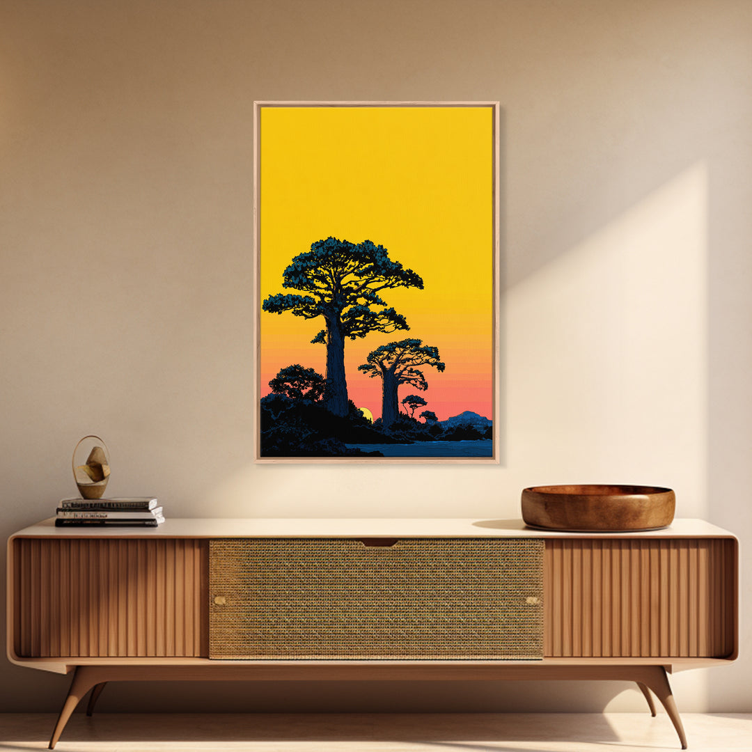 Yellow Sky Baobab Silhouette Canvas Print, African Landscape Wall Decor, Madagascar Sunset Poster, Bold Safari Art Gift Idea