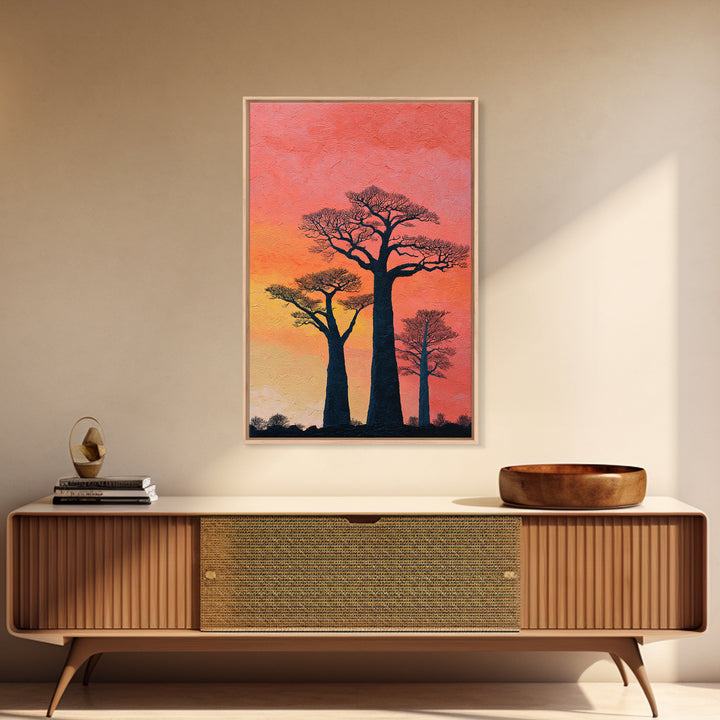 Coral Sunset Baobab Trees Wall Art, African Landscape Print, Textured Canvas Decor, Madagascar Safari Gift, Boho Room Art