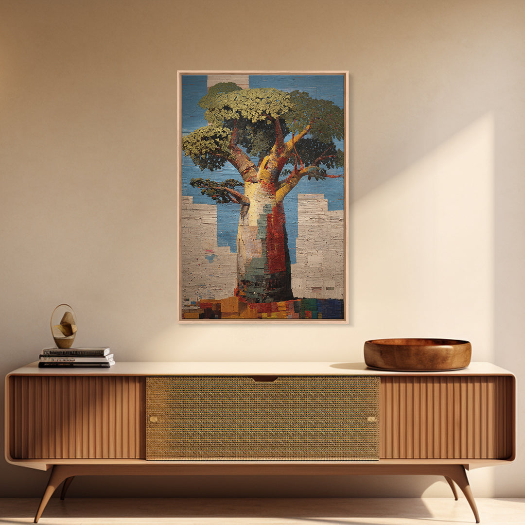 Textured Baobab Tree Mosaic Wall Art, African Landscape, Modern African Art Print, Earth Tone Living Room Decor Gift For Home