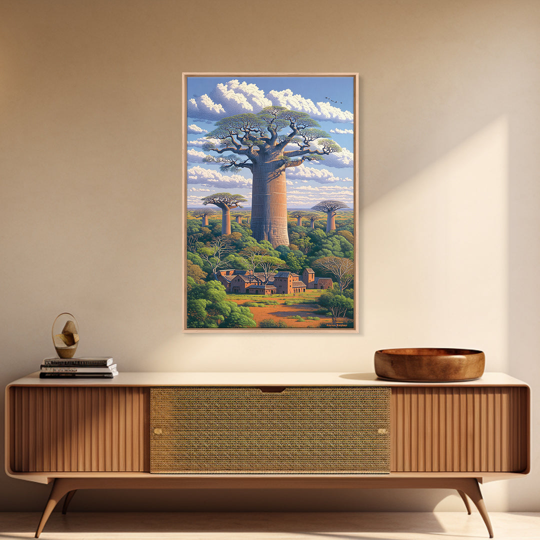 Village Beneath Giant Baobab Wall Art, African Landscape, Madagascar Print, African Home Decor, Large Living Room Art Gift