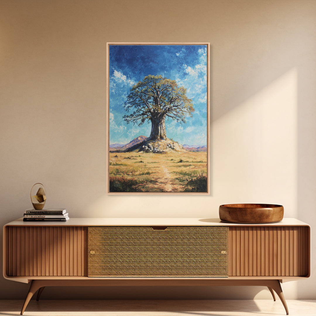 Lone Baobab Desert Path Framed Canvas Print, African Landscape, Blue Sky Painting, Nature Wall Decor, Unique Housewarming Gift