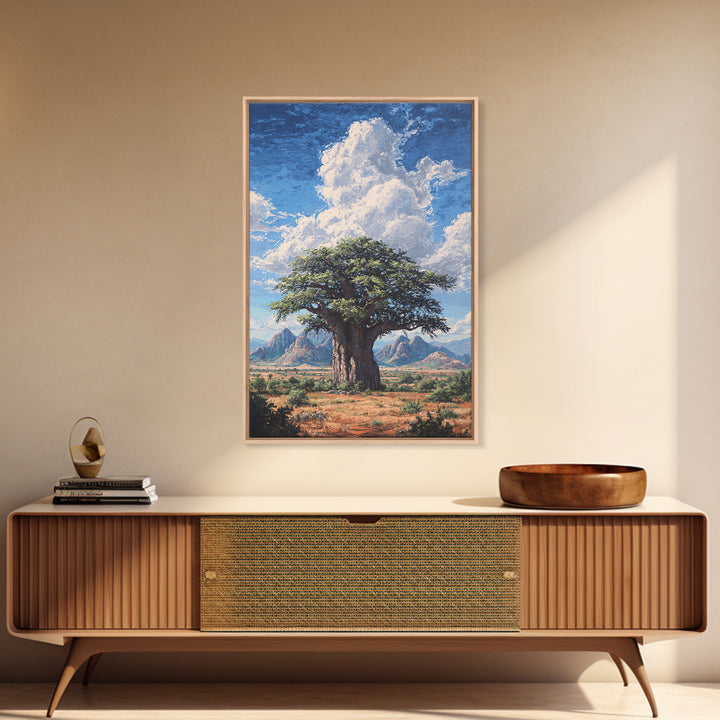 Ancient Baobab Under Towering Clouds Wall Art, African Safari Art, Desert Landscape Painting, Nature Scene Home Decor Gift