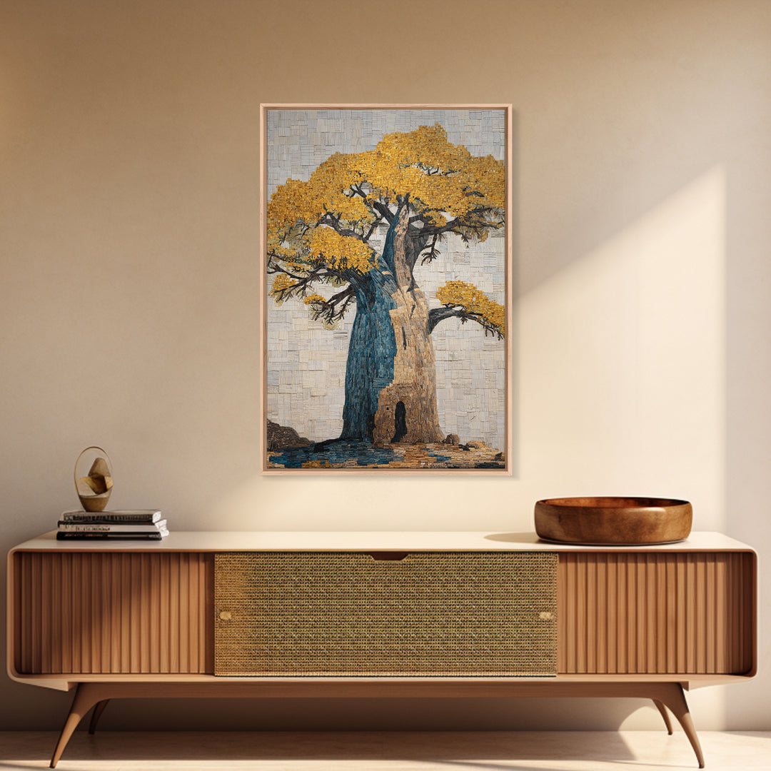 Blue And Gold Baobab Mosaic Framed Canvas Print, African Art Decor, Bold Artwork, Cultural Wall Decor, Statement Piece For Living Room