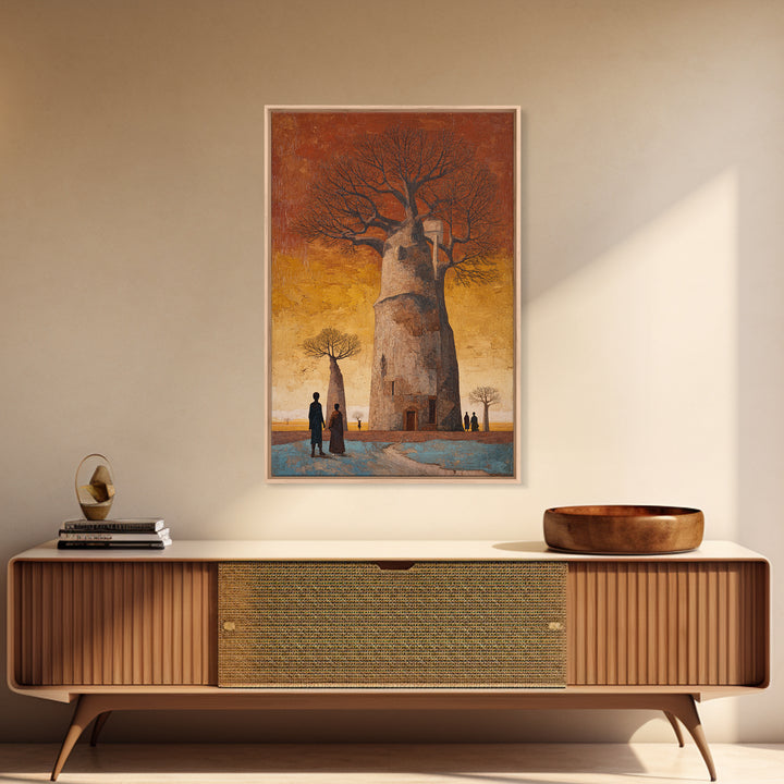 Surreal Baobab Tower At Sunset Canvas Print, African Abstract Art, Burnt Orange Art, Mystical Wall Art, Home Decor Gift For Her