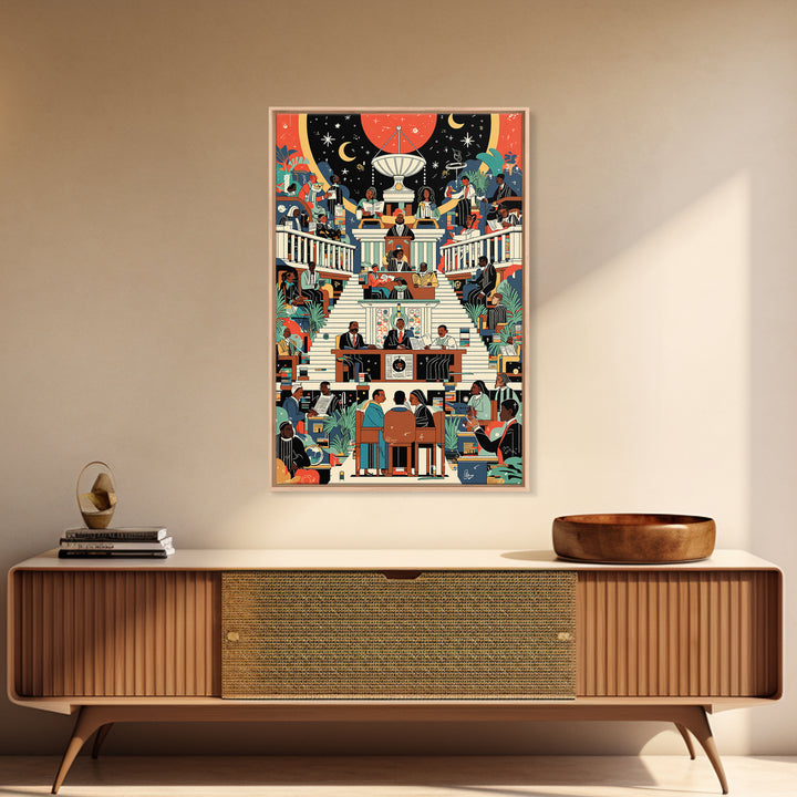 Afrofuturist Civic Assembly Wall Art, Black Culture Illustration, Modern African Decor, Colorful Statement Canvas Print Gift