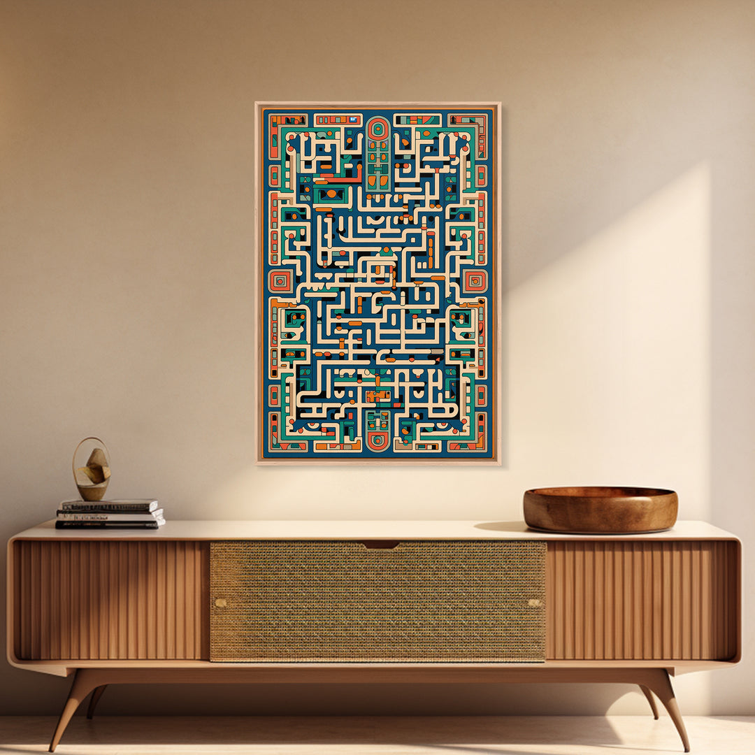 Teal Orange Geometric Maze Glyph Wall Art, African Abstract Pattern, Tribal Art Print, Afrocentric Decor For Living Room