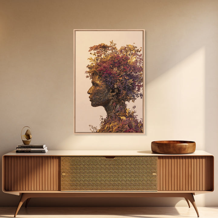 Botanical African Woman Portrait Wall Art, Afrocentric Floral Black Beauty Art, Earth Tone Living Room Decor, Housewarming Gift