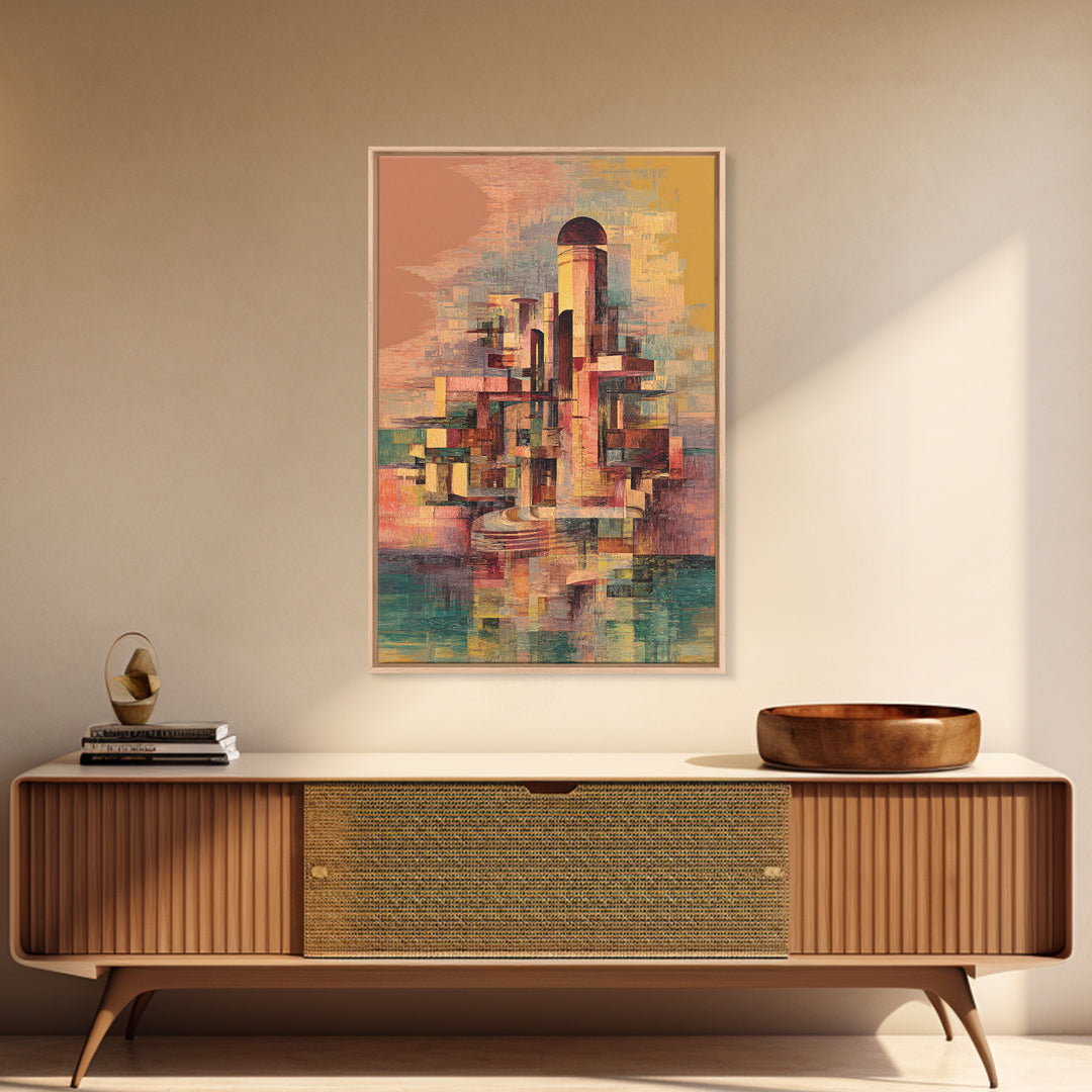 Abstract Futurist Tower City Canvas Print, Modern Geometric Architecture Art, Terracotta Teal Statement Wall Decor Gift For Him