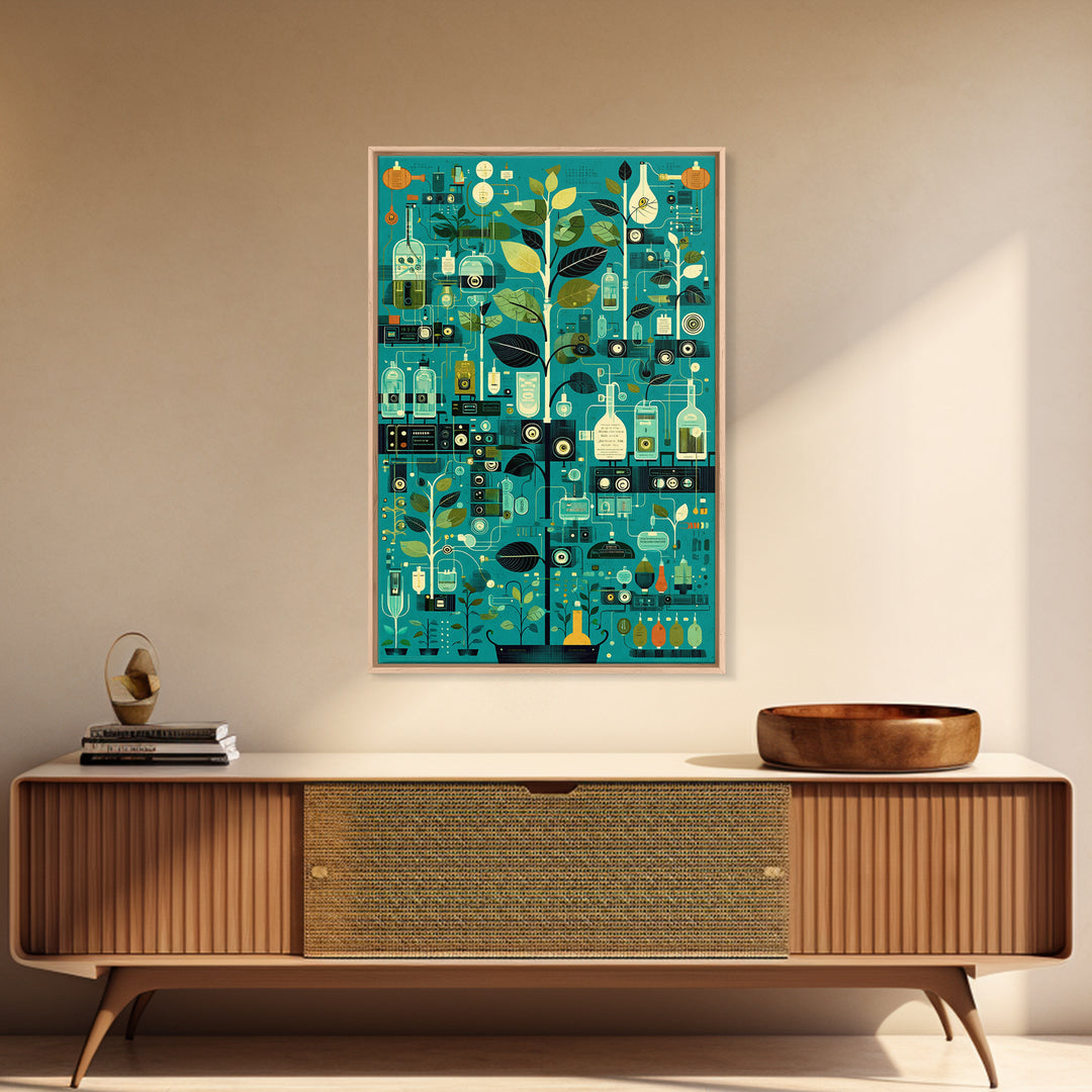 Botanical Science Laboratory Wall Art, Teal Green Plant Illustration, Modern Digital Art For Office Decor And Unique Gift
