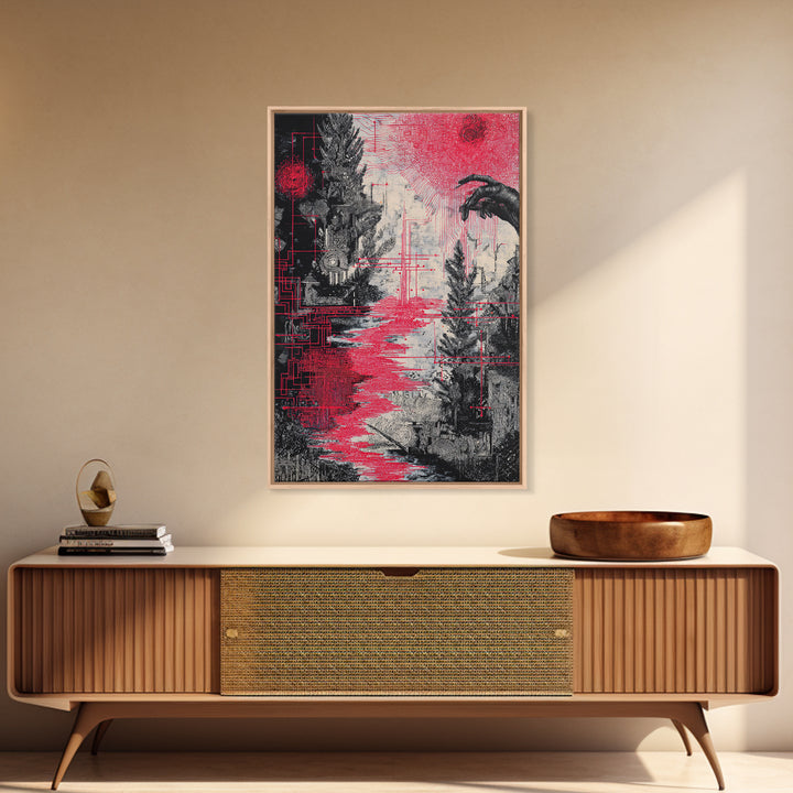 Surreal Red And Black Landscape Canvas Print, Mystical Abstract Art, Gothic Nature Scene Art For Bold Modern Wall Decor Gift