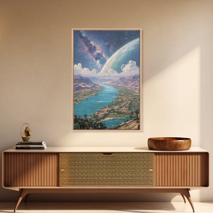 Cosmic River Valley Planet Canvas Print, Dreamy Sci Fi Landscape Art, Large Wall Art For Living Room Statement Decor And Gift