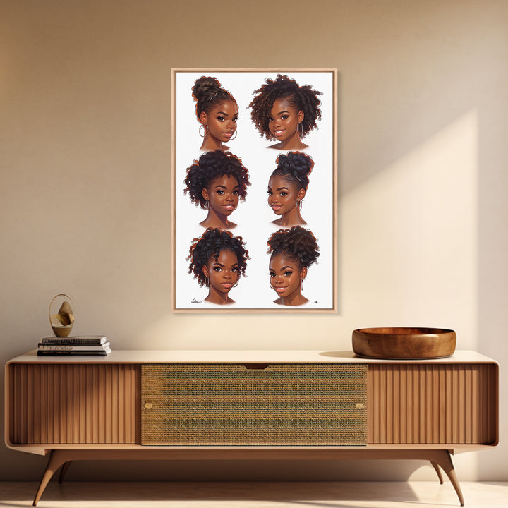 Six Black Women Hairstyle Portraits Wall Art, Afrocentric Beauty Print, Black Girl Magic Decor, Melanin Gift For Her, Home Decor
