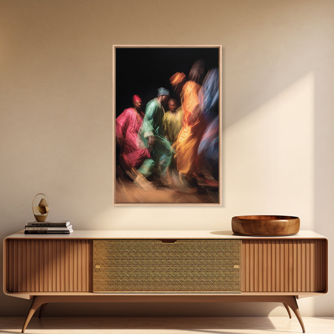 Colorful African Dancers In Flowing Robes Framed Canvas Print, Cultural Celebration Art, Vibrant Ethnic Wall Decor Gift Idea