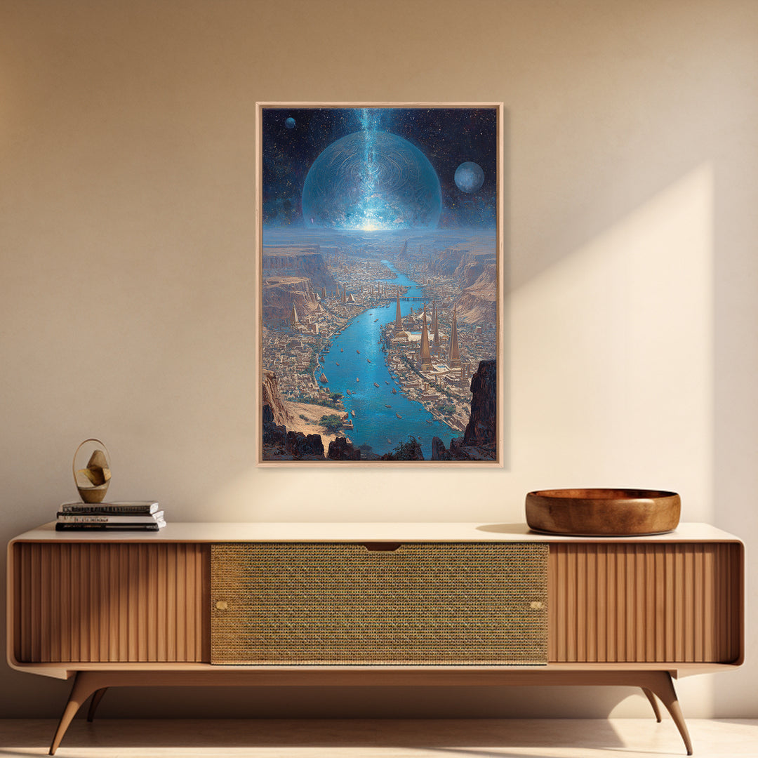 Afrofuturist Blue River City Under Planets Canvas Print, Sci Fi African Inspired Wall Art, Dreamy Landscape Home Decor Gift