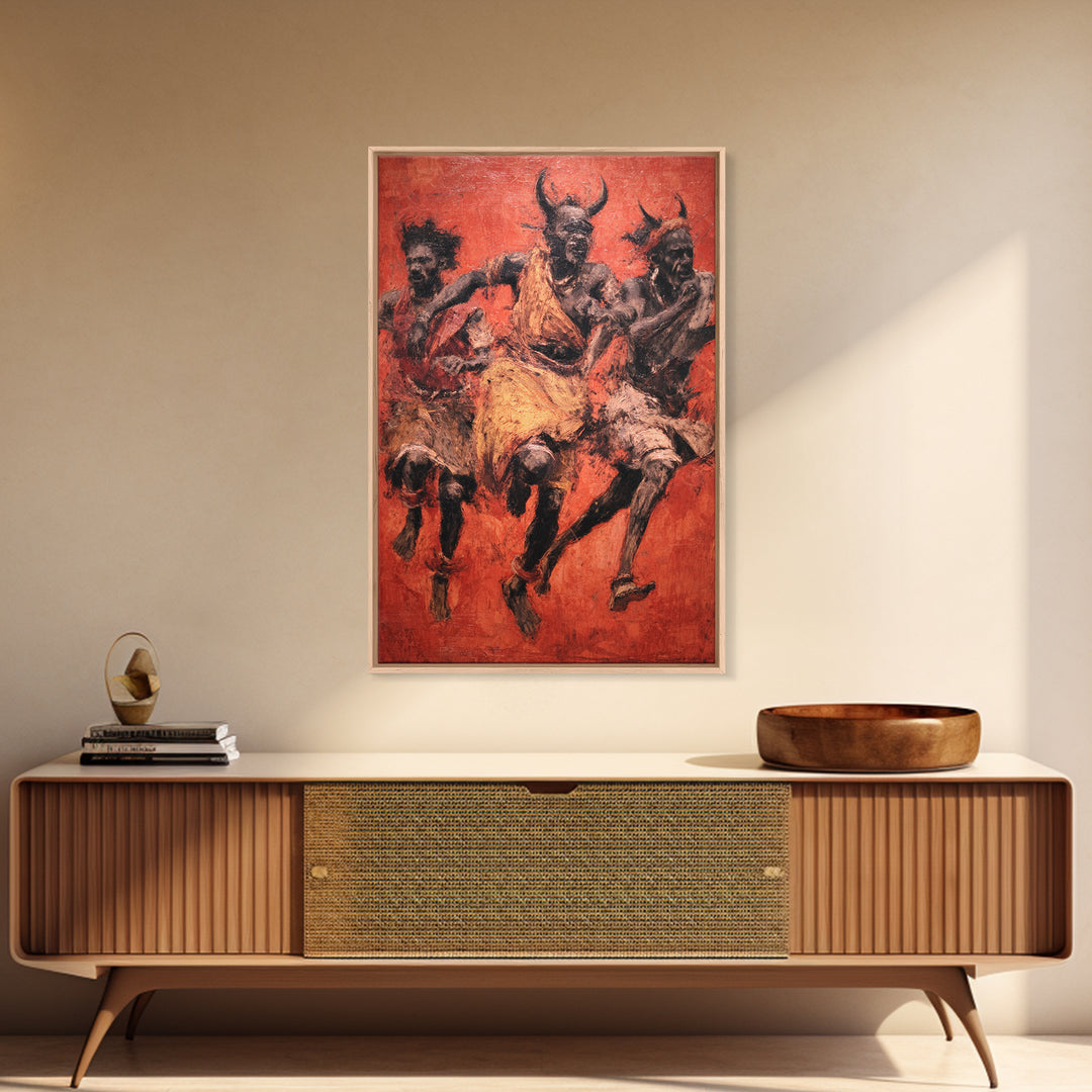 Red Ochre Tribal Dancers With Horned Masks Canvas Print, African Warrior Art, Cultural Wall Decor, Expressive Home Decor