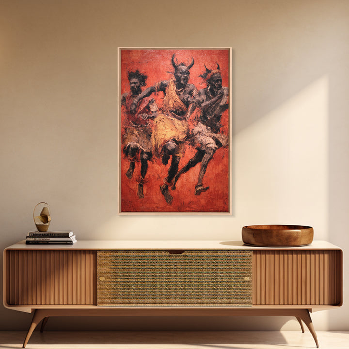 Red Ochre Tribal Dancers With Horned Masks Canvas Print, African Warrior Art, Cultural Wall Decor, Expressive Home Decor