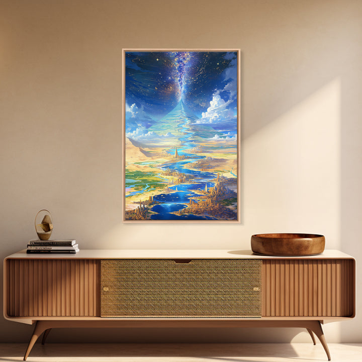 Celestial Pyramid City Beside Blue River Wall Art, African Egyptian Art, Afrofuturism Decor, Dreamy Spiritual Landscape Print