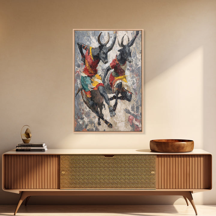 Colorful African Bull Riders Wall Art, Abstract African Art Print, Tribal Safari Decor, Cultural Living Room Canvas Gift