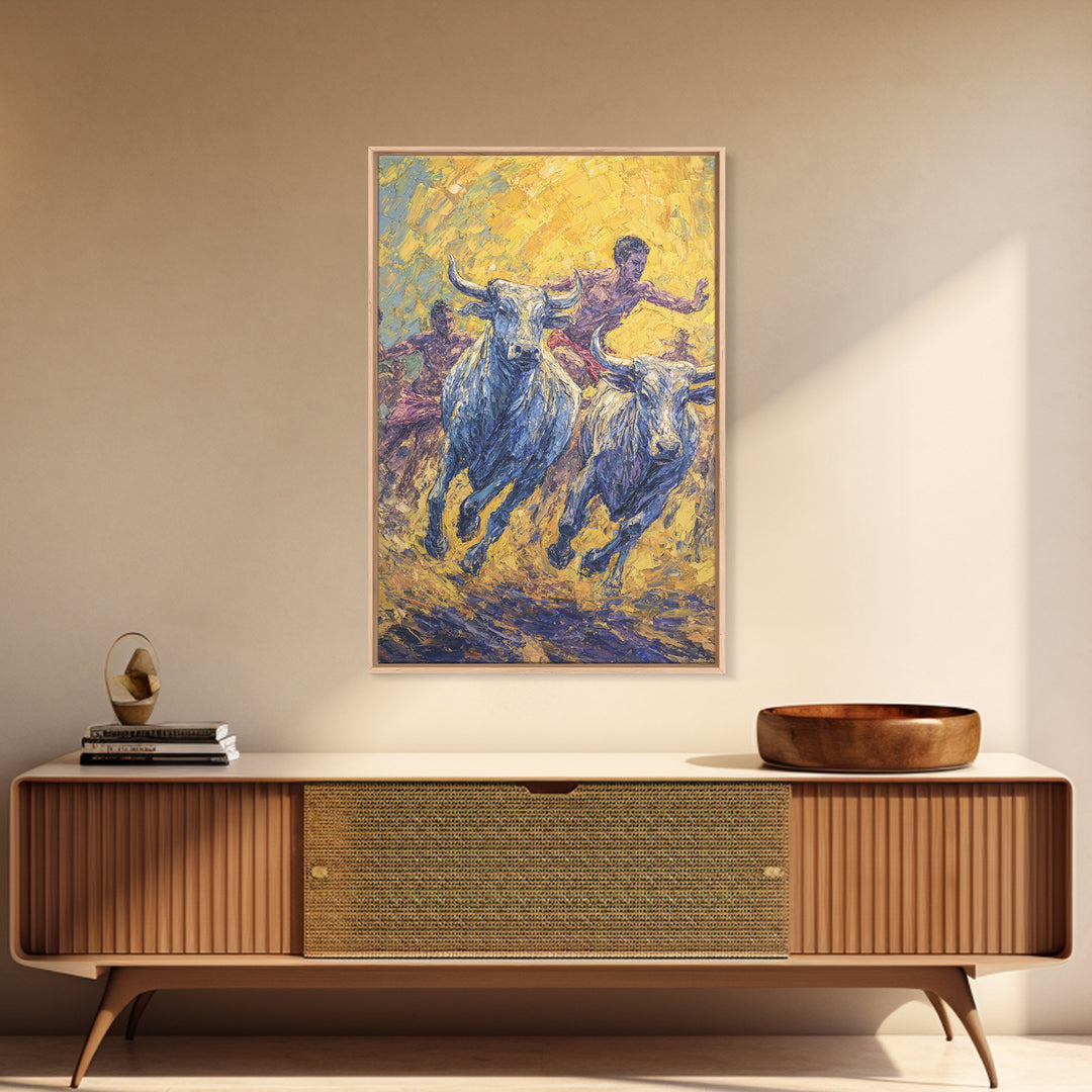 Charging Blue Bulls And Riders Canvas Print, Modern African Art, Warrior Safari Decor, Bold Cultural Wall Decor Gift For Him