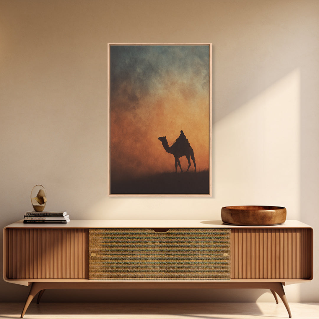 Solitary Camel Rider Wall Art, African Desert Sunset, Boho Safari Art Print, Earth Tone Bedroom Decor, Housewarming Gift