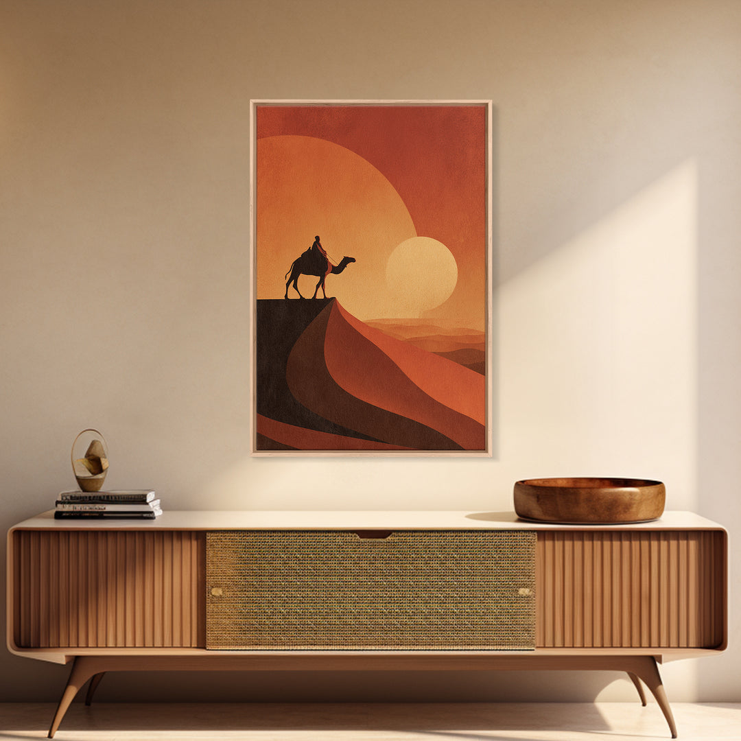 Minimalist Camel Rider Canvas Print, Orange Desert Sun Wall Art, African Travel Poster, Boho Home Decor, Unique Gift Idea