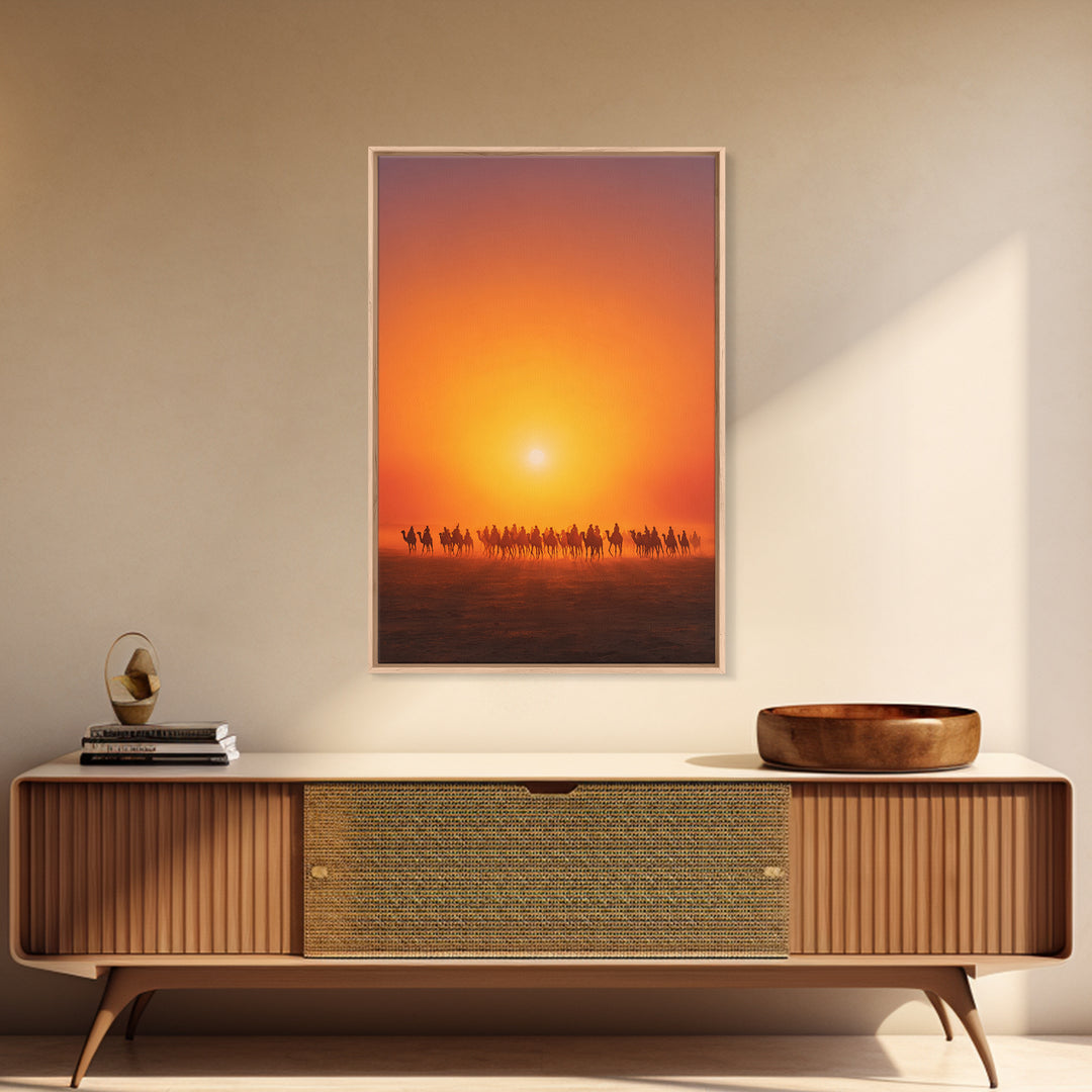 Sunset Camel Caravan Wall Art, African Safari Art, Orange Desert Landscape Poster, Statement Living Room Decor Gift For Him