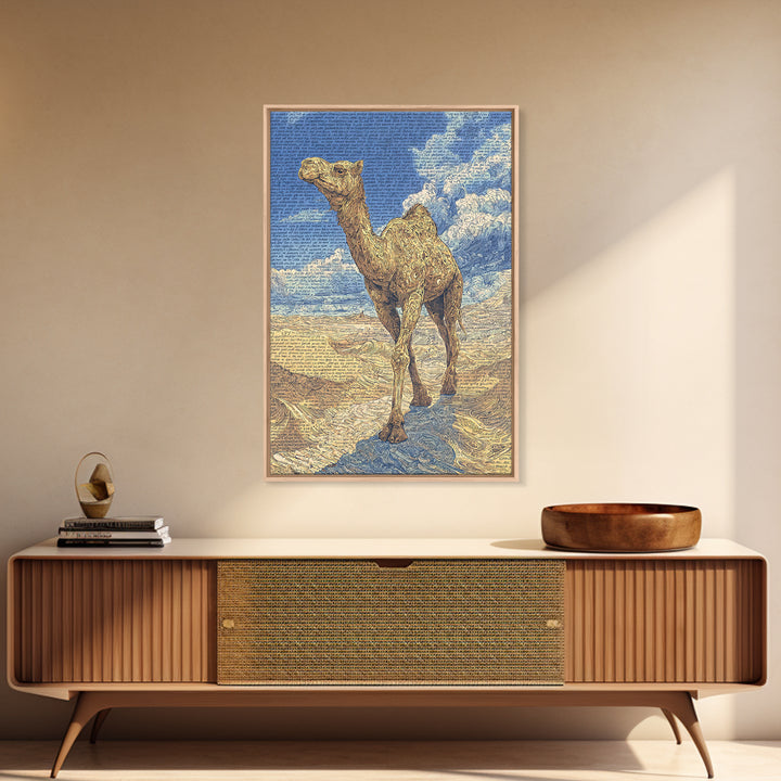 Detailed Camel Portrait Canvas Print, African Desert Landscape, Blue Gold Safari Art, Textured Art Print, Unique Wall Decor