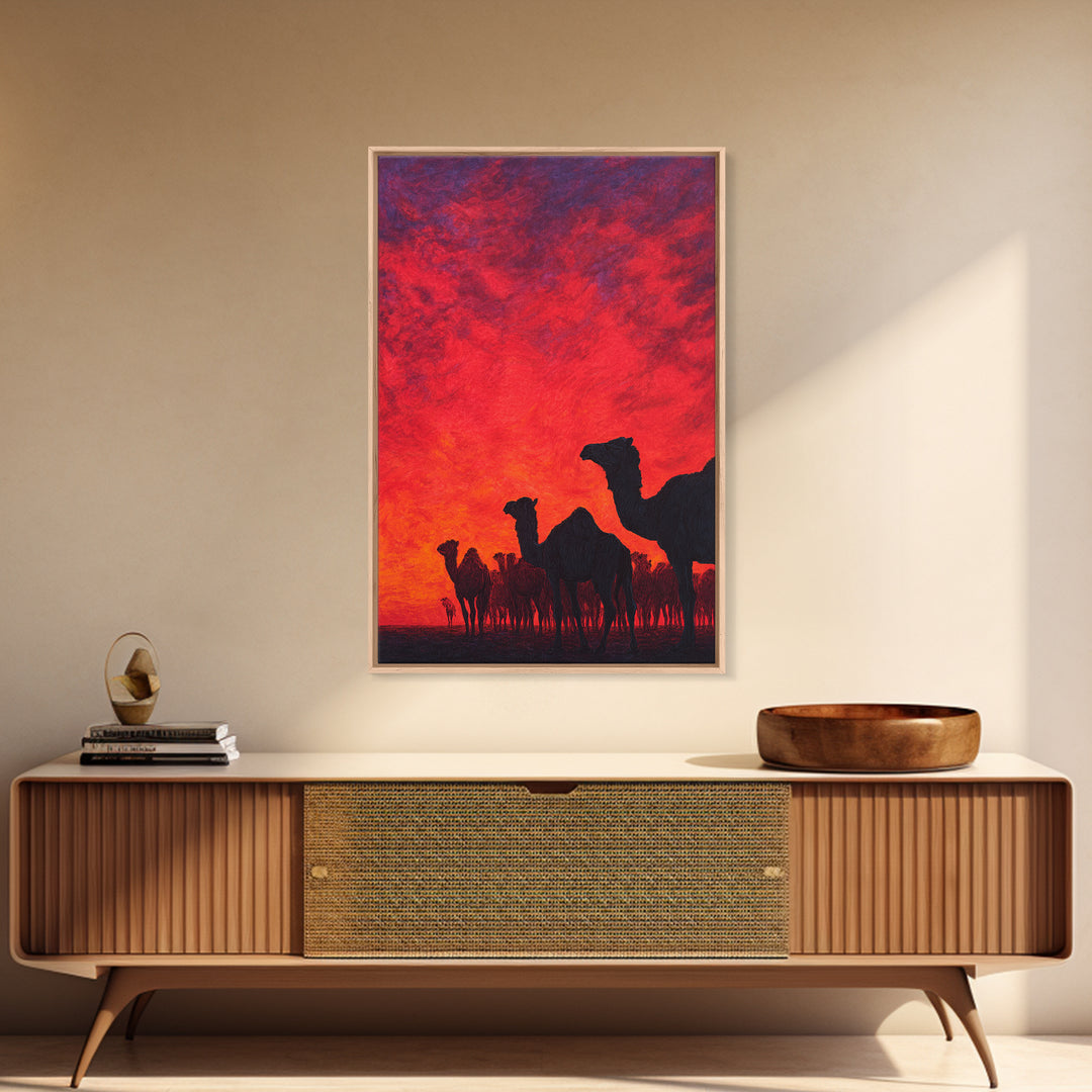 Fiery Red Camel Herd Wall Art, African Safari Art Print, Desert Sunset Poster, Bold Orange Home Decor, Statement Gift Set