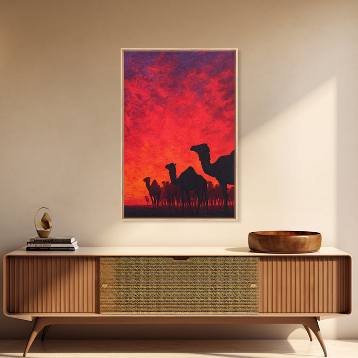 Fiery Red Camel Herd Wall Art, African Safari Art Print, Desert Sunset Poster, Bold Orange Home Decor, Statement Gift Set