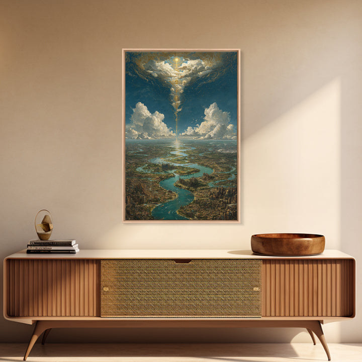 Celestial River City Under Radiant Clouds Wall Art, Dreamy Landscape Canvas Print, Spiritual Sky Decor, Large Home Art Gift