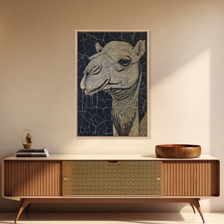 Intricate Gold Camel Portrait Canvas Print, African Safari Wall Art, Black And Gold Animal Art, Boho Desert Home Decor Gift