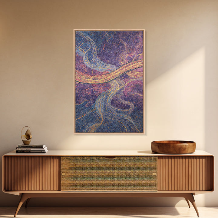 Flowing Purple Gold Abstract River Canvas Print, Textile Style Wall Art, Colorful Modern Decor, Boho Living Room Art Gift