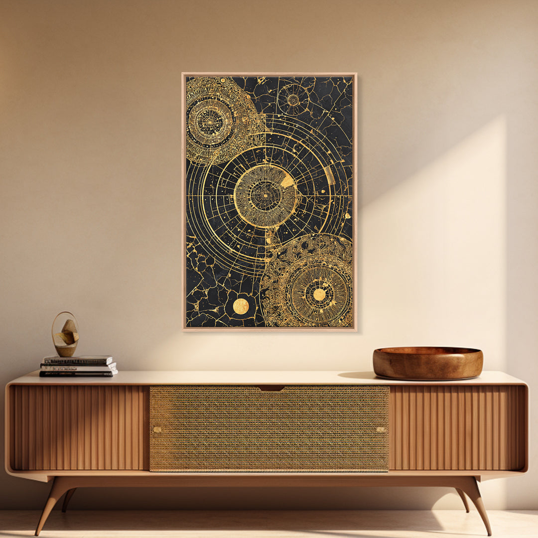 Gold Astronomical Circles On Black Stone Wall Art, Celestial Abstract Canvas Print, Luxury Geometric Decor, Modern Office Art